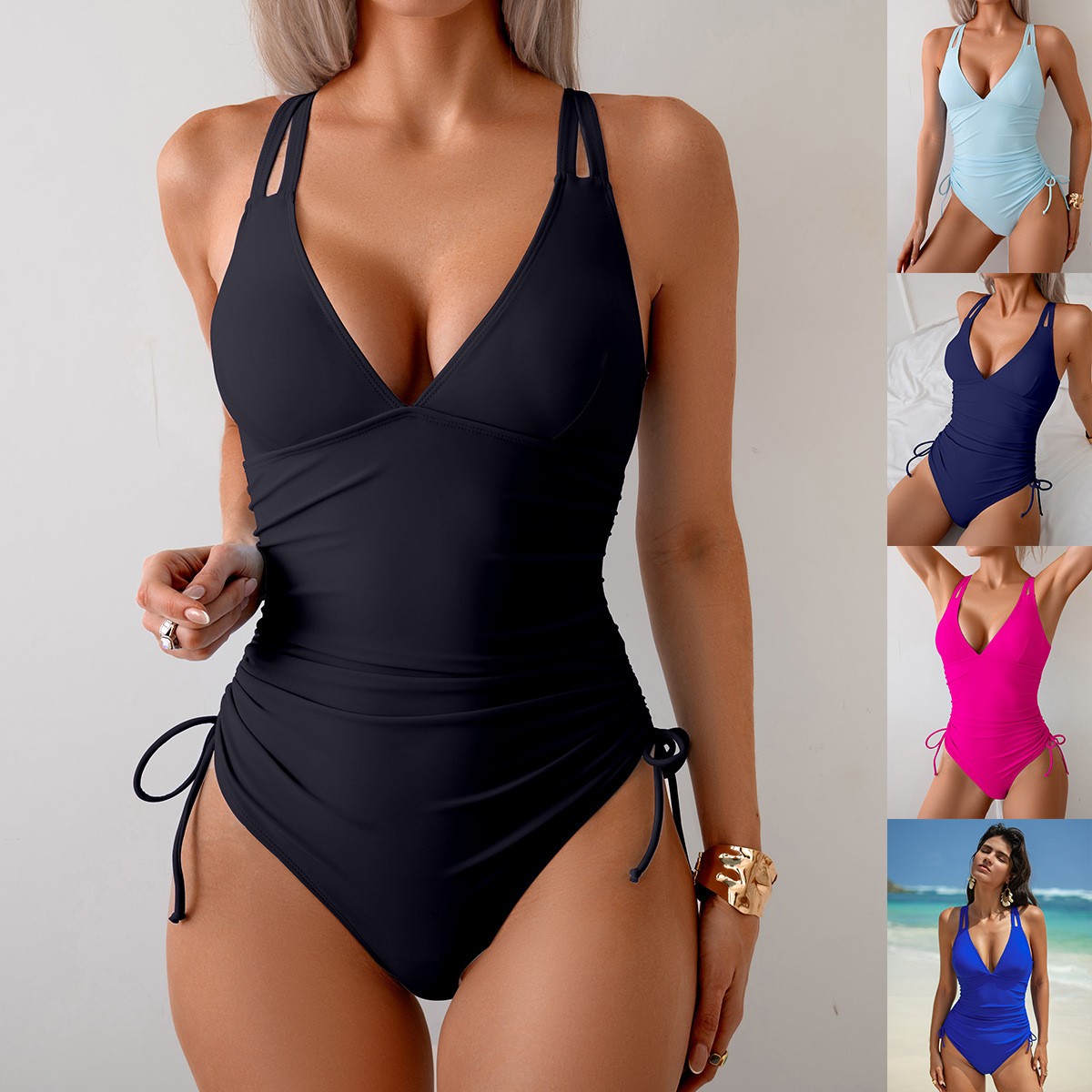 Solid Black Swimsuit V Neck Ru - đánh giá và giá Womens Suit